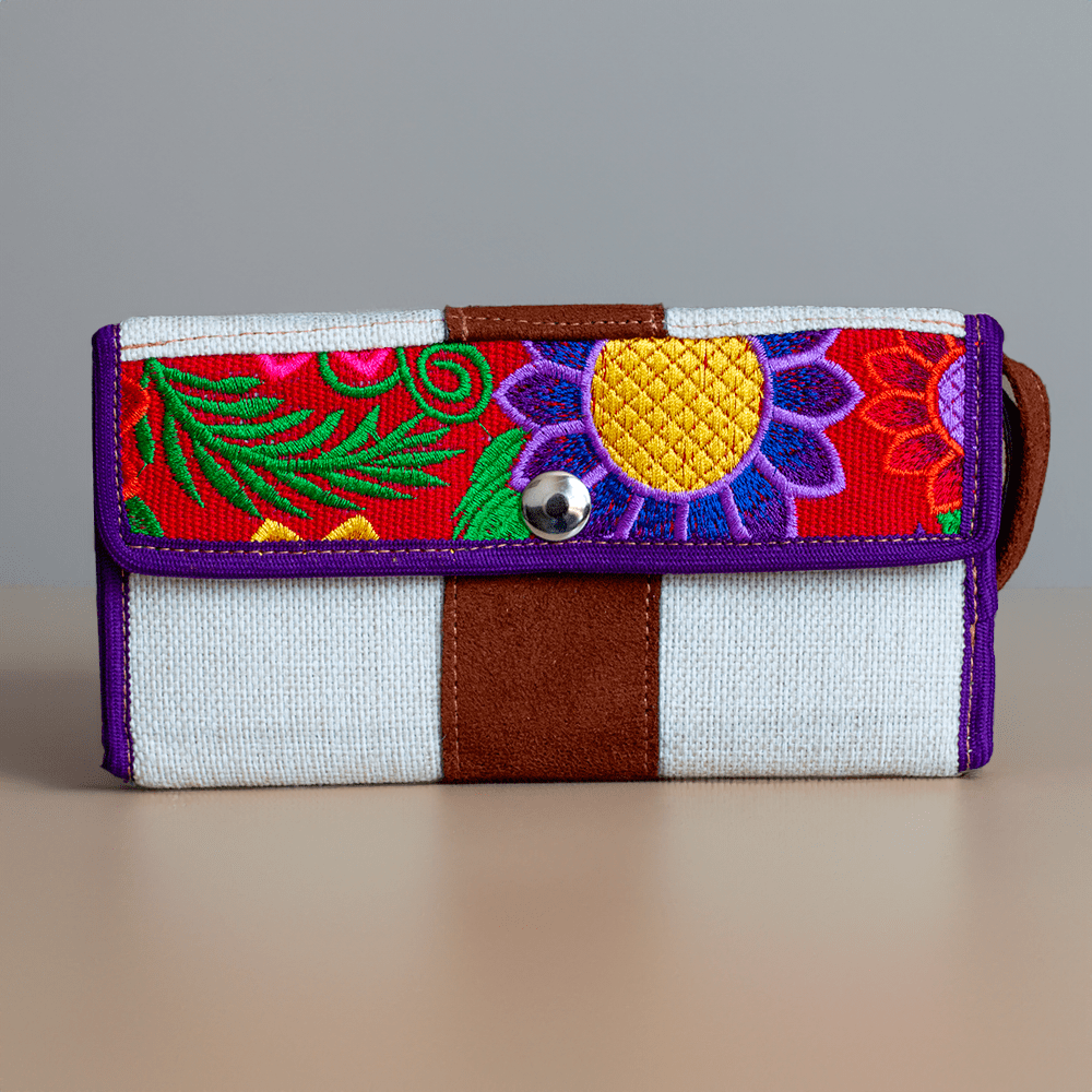 Cartera de Gamuza y Yute – Blanca con Girasol Morado