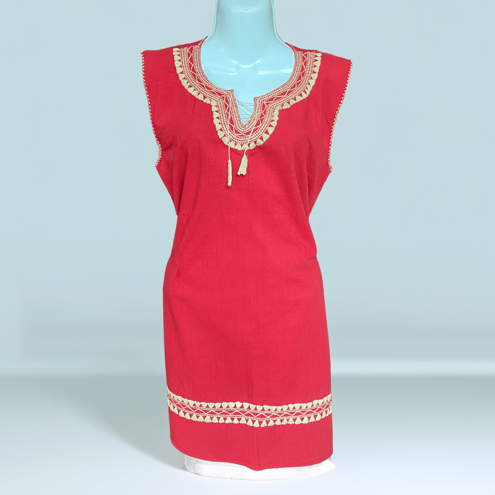 Vestido Artesanal Rojo - Bordado con Punto de Cruz