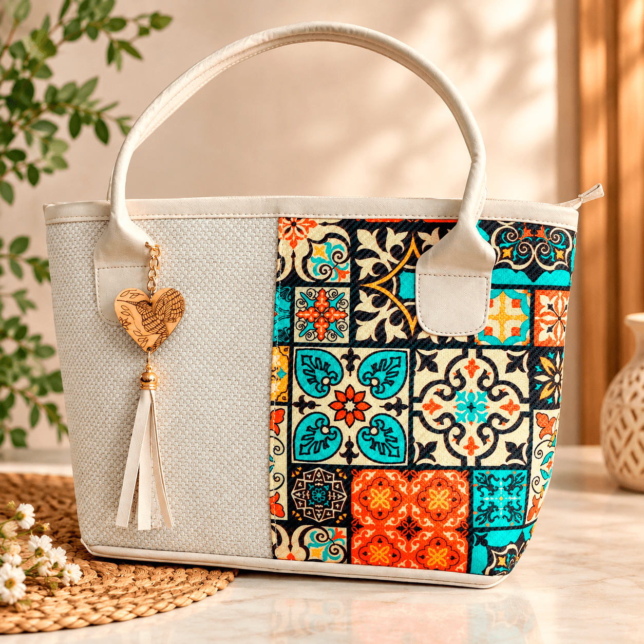Bolsa artesanal de Yute beige con mosaico de colores elaborada en León Guanajuato