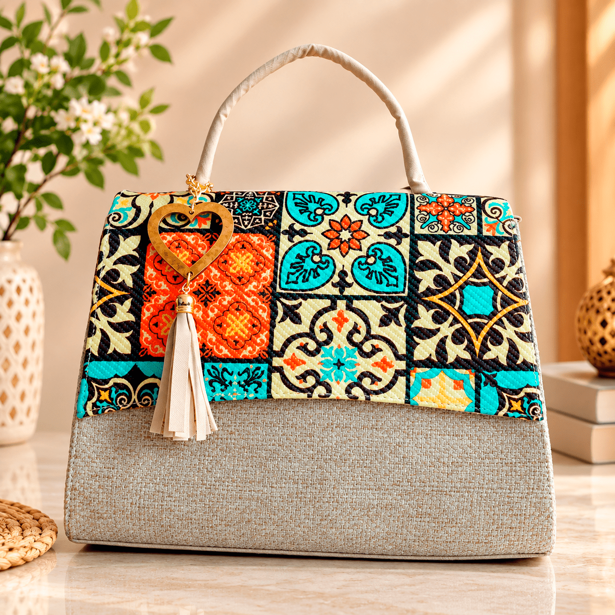 Bolsa artesanal de Yute color café con mosaico de colores elaborada en León Guanajuato México