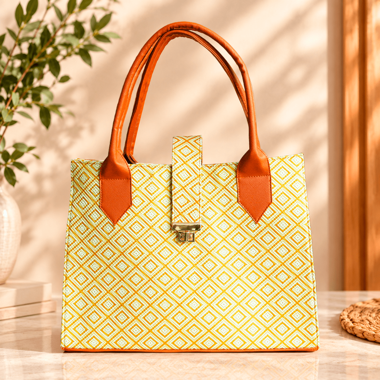 Bolsa de mano artesanal de yute dorado y blanco