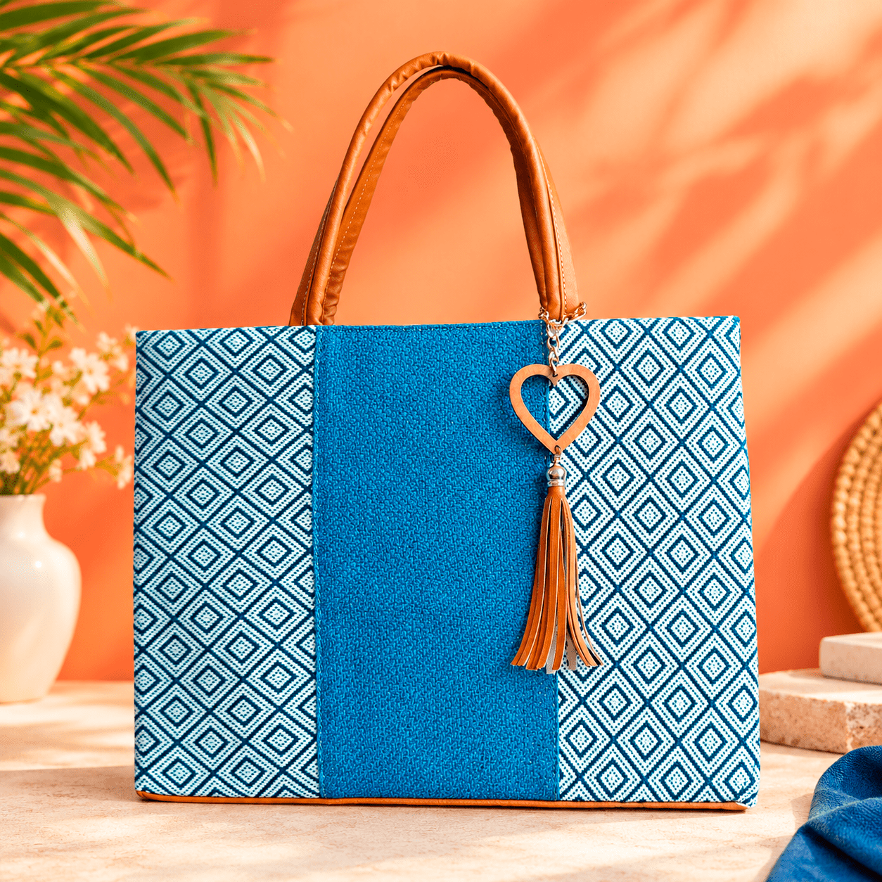 Bolsa de mano artesanal de yute azul
